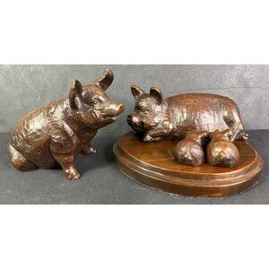 4 Pig Family Figurine Statues Sow 2 Piglets Hog W/ Stand Red Mill USA Vintage